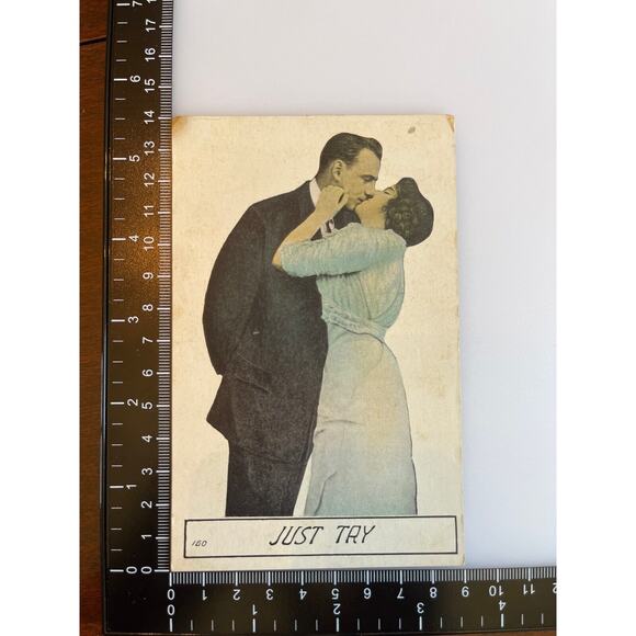 Antique Early 1910s/20s Ephemera Valentine Postcard Couple Kissing “Just Try” - Picture 3 of 6